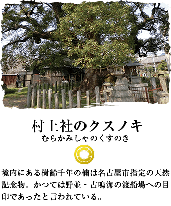 村上社のクスノキ 境内にある樹齢千年の楠は名古屋市指定の天然記念物。かつては野並・古鳴海の渡船場への目印であったと言われている。