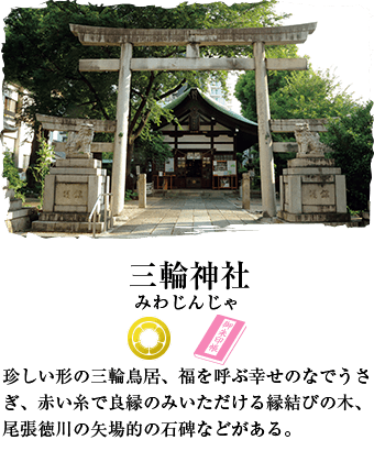 三輪神社 AR銘板設置スポット 珍しい形の三輪鳥居、福を呼ぶ幸せのなでうさぎ、赤い糸で良縁のみいただける縁結びの木、尾張徳川の矢場的の石碑などがある。