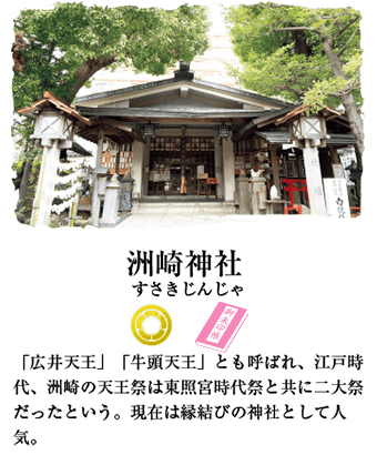 洲崎神社 「広井天王」「牛頭天王」とも呼ばれ、江戸時代、洲崎の天王祭は東照宮時代祭と共に二大祭だったという。現在は縁結びの神社として人気。